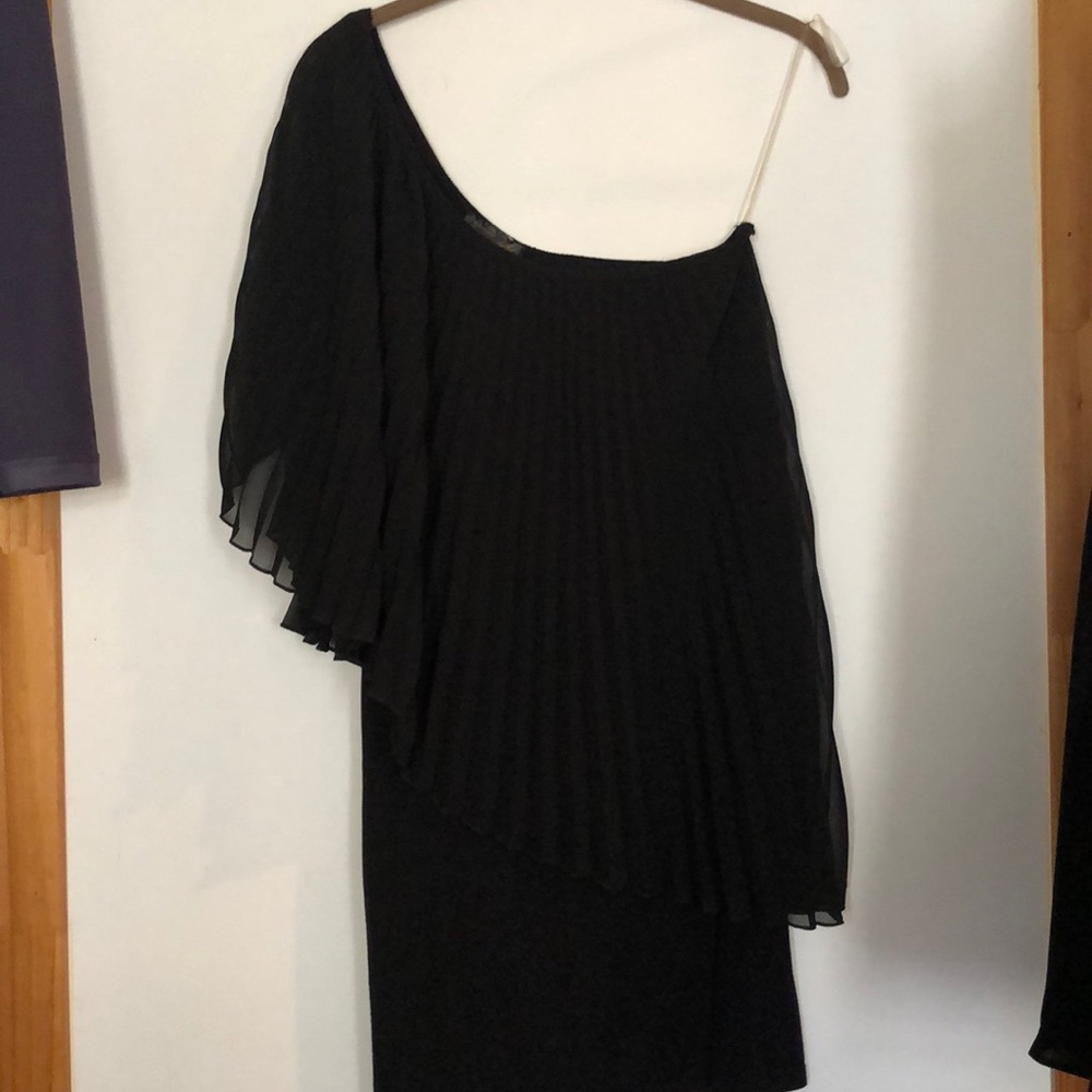 One Shoulder Mini Dress Sheer Pleated Overlay